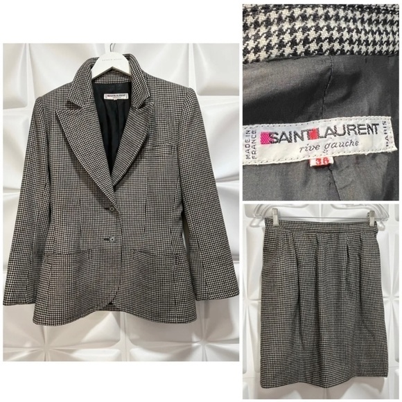 Vintage Saint Laurent 38 Women Sz 6 Black Houndstooth Wool Jacket Skirt Suit Set - Picture 1 of 16